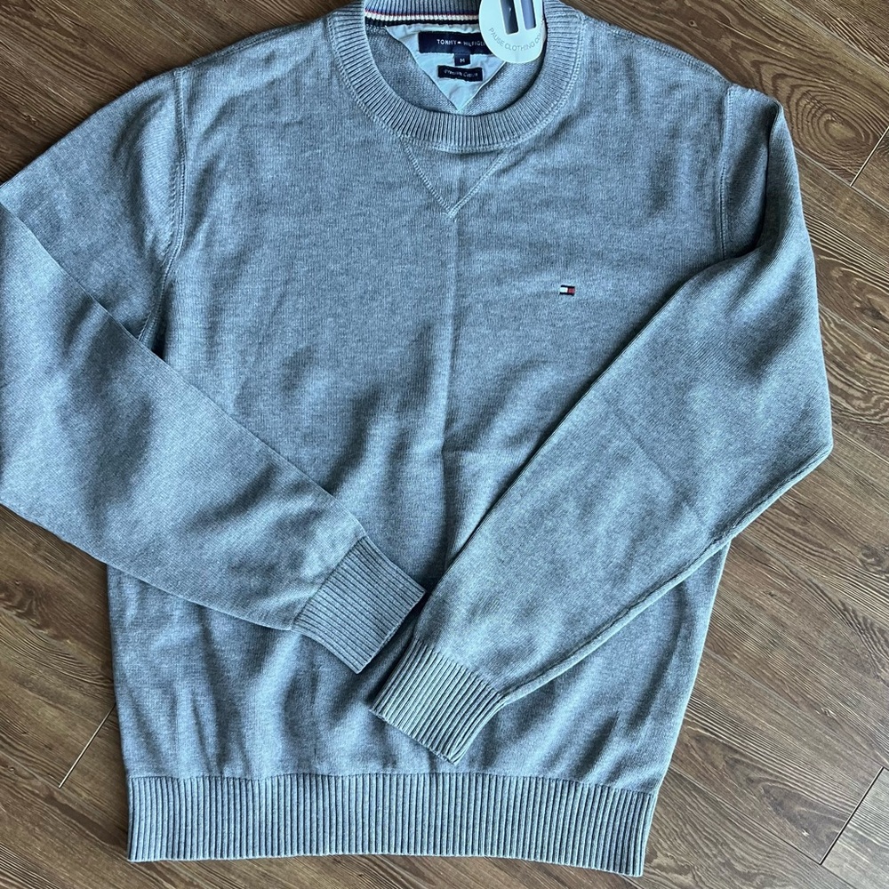 Men's Gray Sweater Cotton Crew Neck Sweatshirt Cotton Breathable Knit - Picture 4 of 11